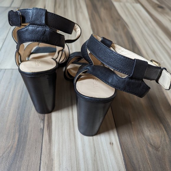 NINE WEST Women's Wedge Leather Sandals Gold Buckle Black Strap 4" Heel … - Picture 4 of 8